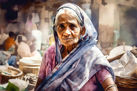 Portrait of an old woman selling food in the local market in Indiaの素材