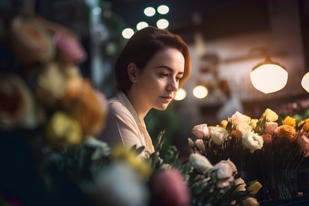 Beautiful young woman florist in her flower shop at nightの素材