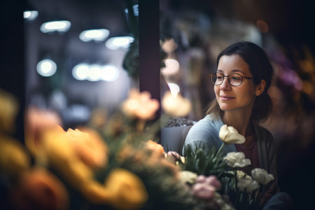 Beautiful young woman florist in eyeglasses working at flower shopの素材
