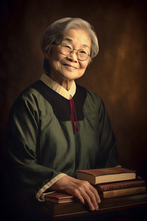 Portrait of a smiling senior woman with books on a brown backgroundの素材