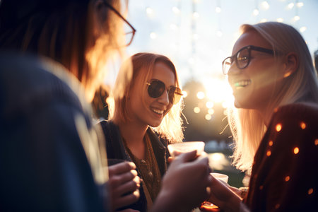 Young women drinking coffee on the street in the evening. Women friends talking and laughing.の素材