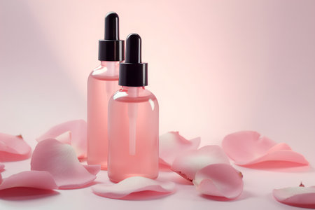 Rose essential oil in dropper bottle with rose petals on pink backgroundの素材