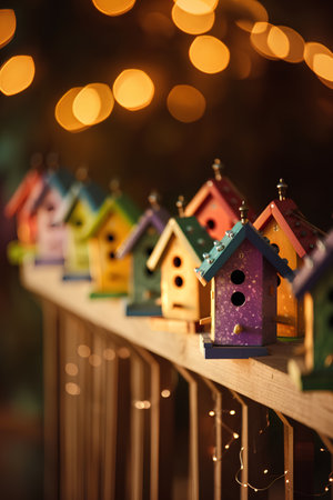 Colorful birdhouses on a wooden fence with bokeh backgroundの素材