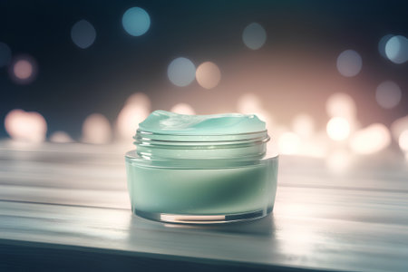 cosmetic cream in a jar on a wooden table with bokeh backgroundの素材