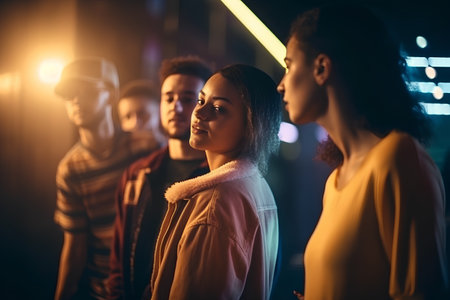 Group of young people walking in night club, looking at each otherの素材