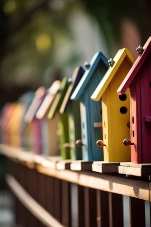Colorful birdhouses on a wooden fence. Selective focus.の素材