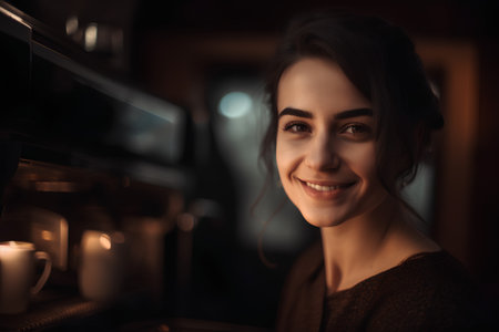 Portrait of a smiling young woman in a cafe at night.の素材