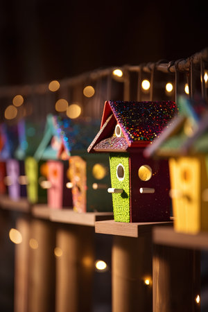 Colorful birdhouses on a wooden fence at night. Selective focus.の素材