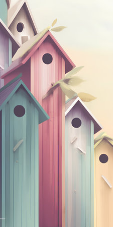 Colorful wooden birdhouses in a row on pastel background, retro tonedの素材