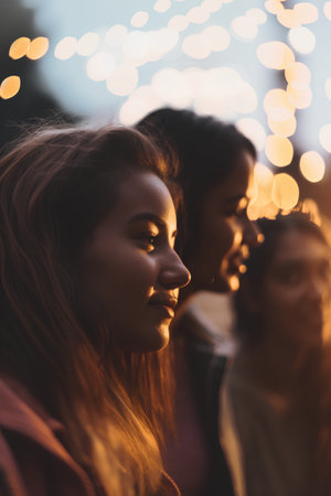 Group of young people walking in the city at night, looking at each otherの素材