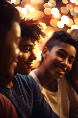 Group of friends having fun in the night club. Young african american man and woman looking at each other and smiling.の素材