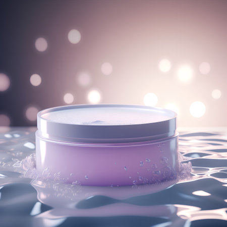 3d rendering of purple cosmetic container in water with bokeh backgroundの素材