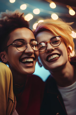 Portrait of two young women in eyeglasses smiling at cameraの素材