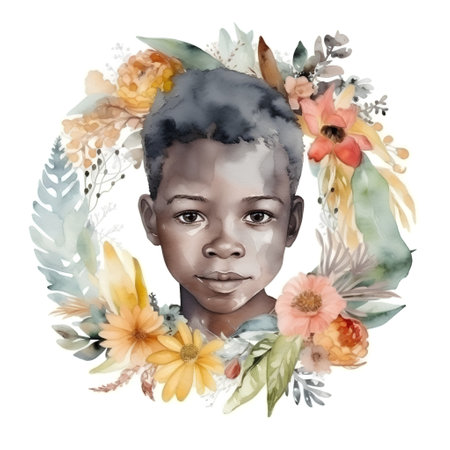 Watercolor portrait of a beautiful African American woman with flowers in her hairの素材