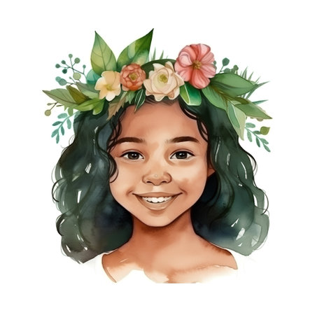Watercolor portrait of a beautiful African American woman with flowers in her hairの素材