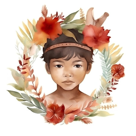 Watercolor portrait of indian girl in a wreath of flowersの素材