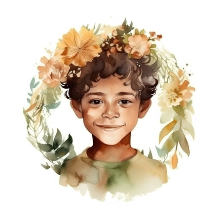 Watercolor portrait of a beautiful African American girl with flowers in her hairの素材