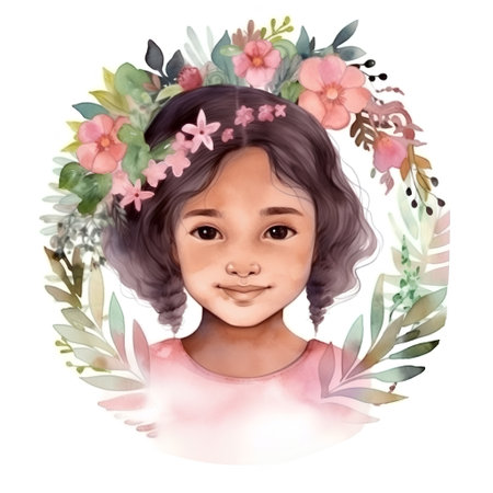 Portrait of a cute little girl with floral wreath isolated on white backgroundの素材