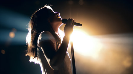 Young woman singing karaoke on stage in front of bright stage lightsの素材