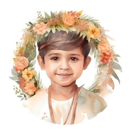Portrait of a little boy wearing a wreath of flowers isolated on white backgroundの素材