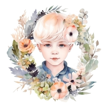 Hand drawn watercolor portrait of a beautiful girl in a floral wreath.の素材