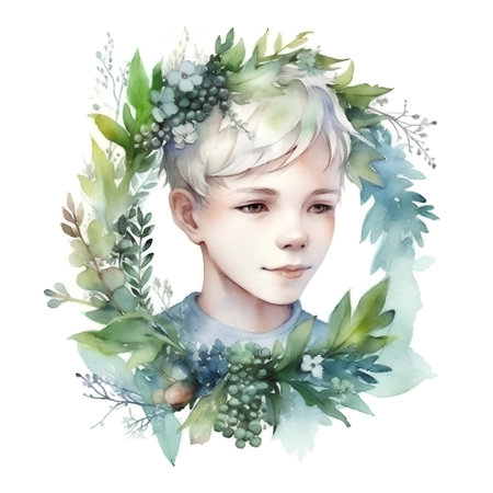 Beautiful watercolor portrait of a girl with flowers and leaves.の素材