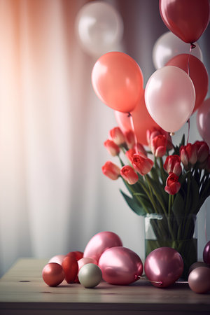 Bouquet of tulips in vase and pink and white balloons on wooden table in roomの素材