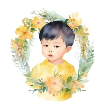 cute asian baby with floral wreath isolated on white backgroundの素材