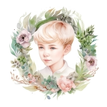 Watercolor portrait of a boy in a wreath of flowers.の素材