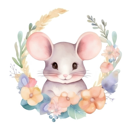 Cute mouse with floral wreath isolated on white background. Watercolor illustration.の素材