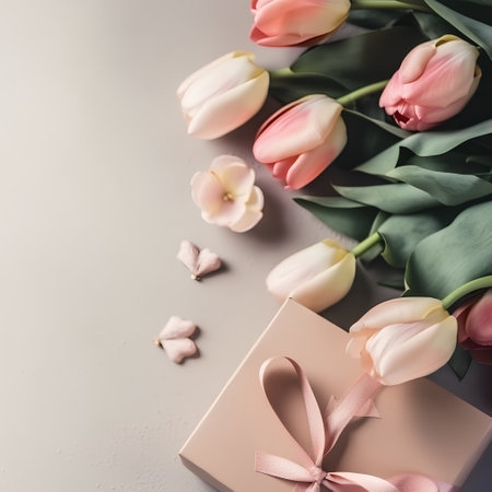 Bouquet of pink tulips and gift box on a light backgroundの素材