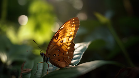 Butterfly on a green leaf in the garden at sunset.の素材