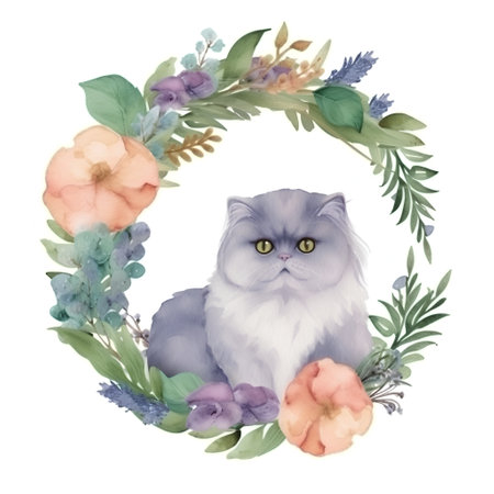 Watercolor floral wreath with scottish fold cat and flowersの素材