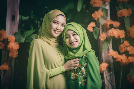 Hijab mother and daughter with flower background, asian beautyの素材
