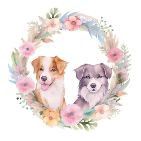 Watercolor illustration of two dogs in a wreath of flowers.の素材