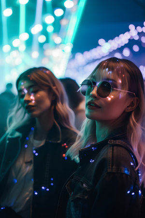 Portrait of a young beautiful girl in sunglasses on the background of the stage lightsの素材