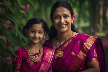 indian mother and daughter in traditional sari with rose petalsの素材