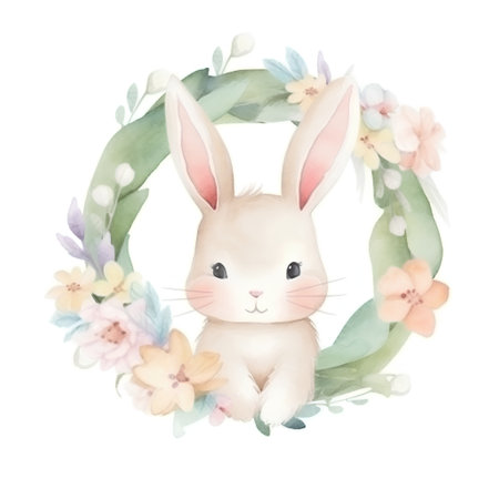 Watercolor cute bunny with floral wreath isolated on white background.の素材