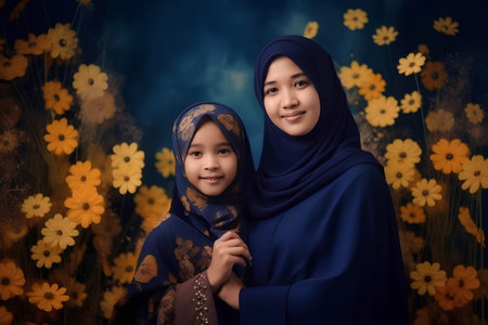 Portrait of muslim woman and her little daughter with flower backgroundの素材