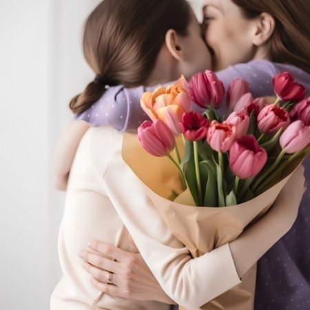 Close-up of a bouquet of tulips in the hands of two girlsの素材