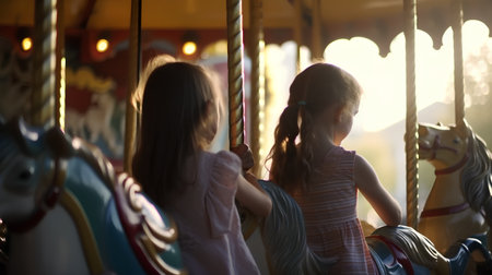 Two little girls riding on a merry-go-round at sunsetの素材