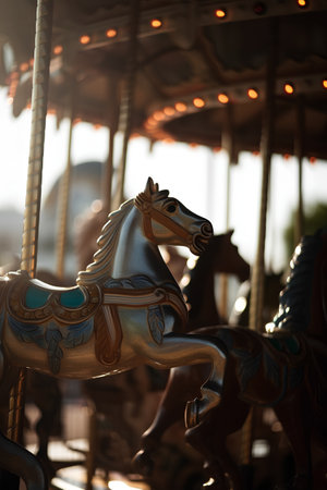 Carousel horses in amusement park at sunset, shallow depth of fieldの素材
