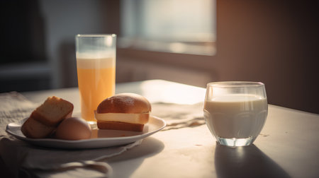 Breakfast with bread, milk and eggs in the morning light.の素材