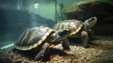 Turtle in the aquarium, close-up of a tortoiseの素材
