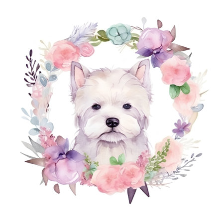 Cute watercolor illustration with cute dog and floral wreath.の素材
