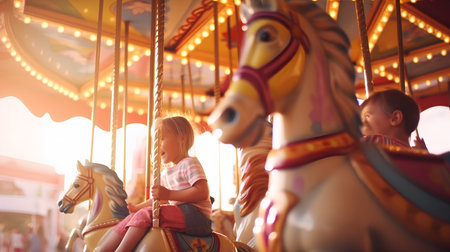 Little girl riding a merry-go-round on a carouselの素材