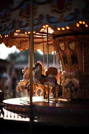 Carousel at the amusement park in the evening, selective focus.の素材