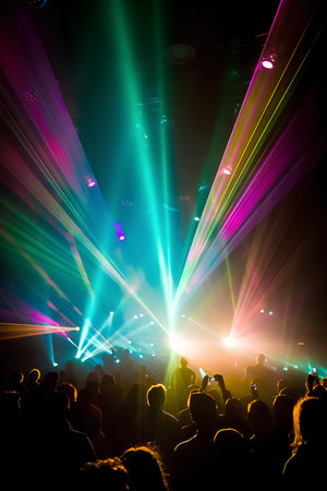 crowd at concert in front of a bright stage with colored lightsの素材