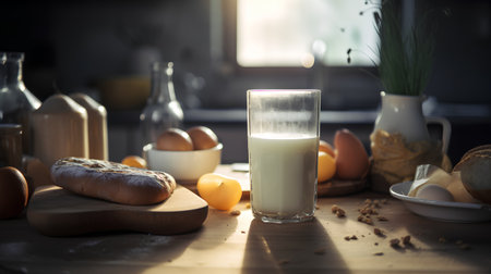 Milk in a glass and fresh bread on a wooden table.の素材