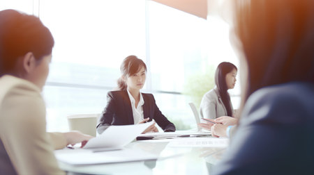 Business people discussing the charts and graphs showing the results of their successful teamworkの素材